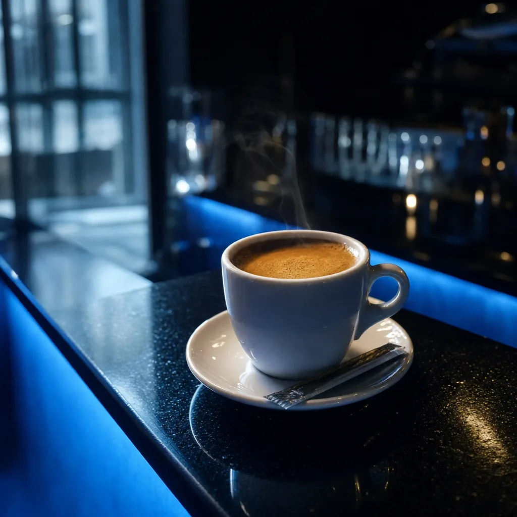 Un espresso fumant au comptoir, le matin, dans la lumière bleue du bar
