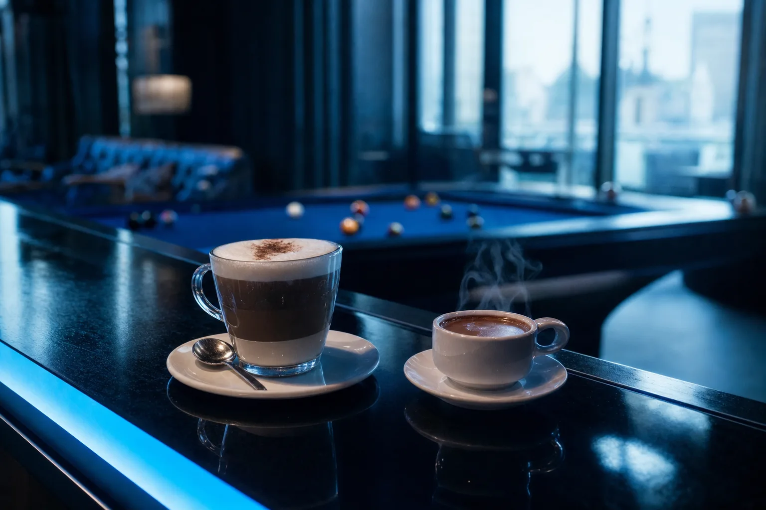 Un cappuccino et un chocolat chaud sur le comptoir, le matin