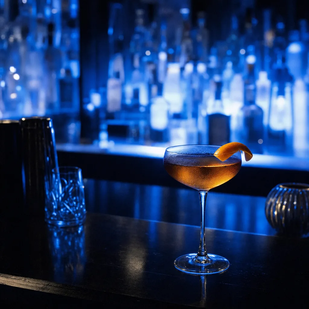 Un cocktail ambré dans une coupe, avec un zeste d'orange, devant les étagères éclairées en bleu