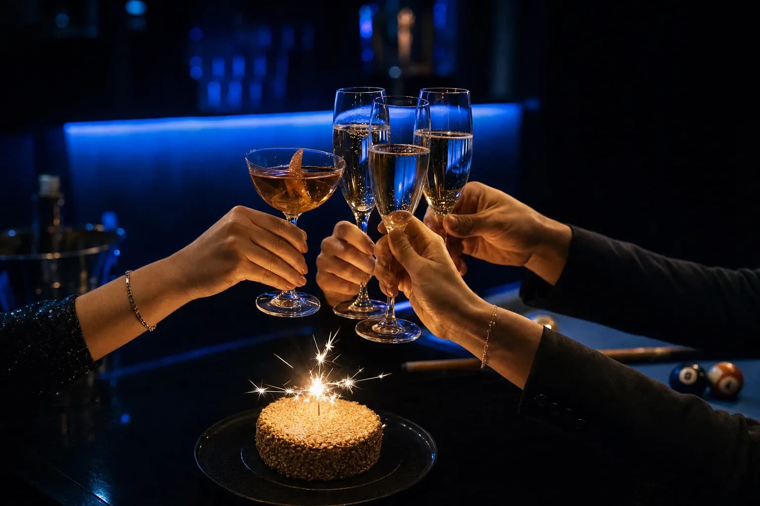 Des verres levés pour trinquer au-dessus d'un gâteau avec une bougie étincelle